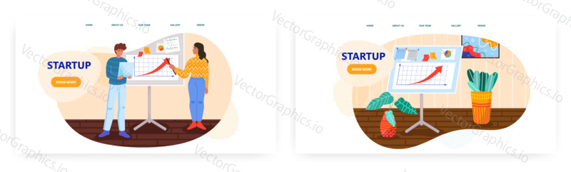 Muž a žena tým pitch startup pro investory. Startup business concept ilustrace. Vektor web design šablony. Obchodní prezentace s finančními grafy a grafy.