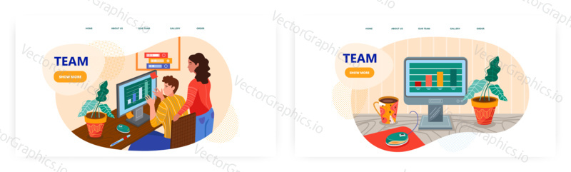 Man and woman discuss business strategy in office. Busines team work concept illustration. Vector web site design template. Office desk with computer and coffee. Financial charts on computer screen.