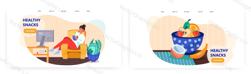 Woman watch tv at home and eat healthy snacks. Bowl with fruits. Healthy food concept illustration. Vector web site design template. Weekend and free time at home.