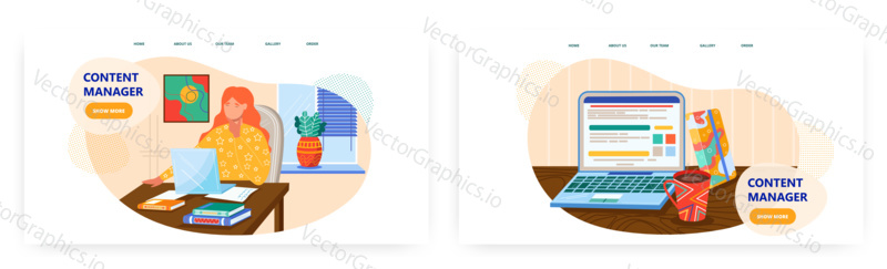 Woman works with laptop in home office. Business concept illustration. Vector web site design template. Open laptop and coffee on a desk.