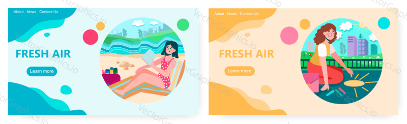 Žena používá křídu k tomu slunce na asfaltové silnici. Žena se těší její dovolenou na pláži a čtení knihy. Víkend a relax time concept ilustrace. Vektor web design šablony.