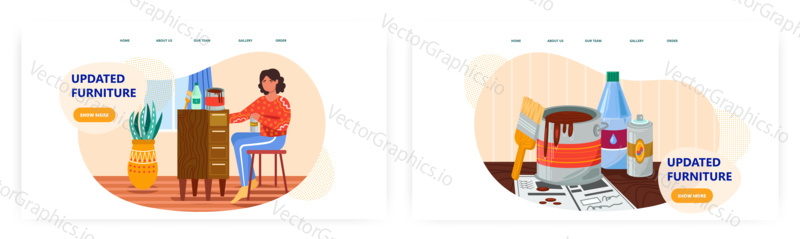 Woman use color paint to repair vintage furniture. Interior design concept illustration. Vector web site design template. Woman decorating home and furniture.