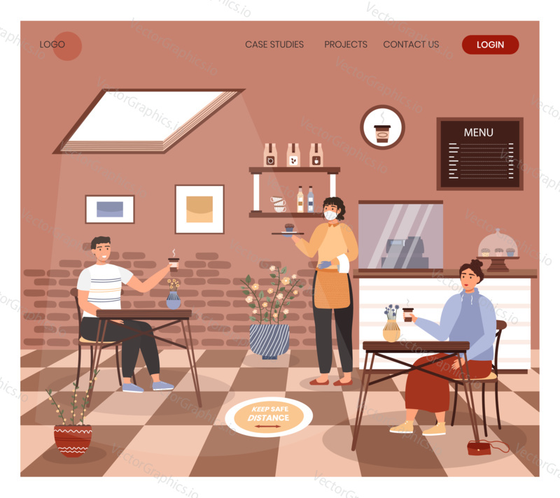 Kavárna se sociálními distancujícími pravidly. Pandemie Coronavirus nový normální koncept ilustrace. Vektorová šablona. Barista podává kávu a koláče a používá masku na obličej. Zákazníci udržují bezpečnou vzdálenost.