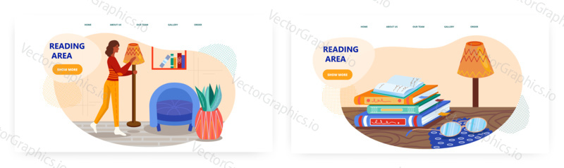 Woman prepare comfortable place to read a book. Reading area at home concept illustration. Vector web site design template. Stack of books and glasses on a desk.