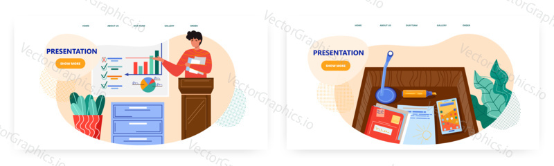 Muž přednáší na obchodní konferenci. Seminář nebo Business workshop koncept ilustrace. Vektor web design šablony. Řečník za pódiem. Obchodní prezentace nebo přednáška.