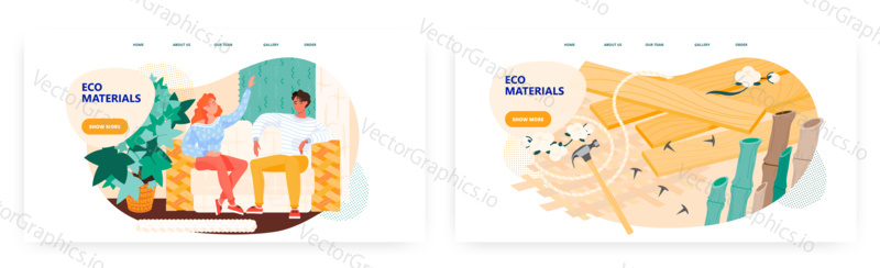 Couple sit on sofa in modern design eco friendly interior. Home eco materials concept illustration. Vector template. Wood plank, hammer, bamboo sticks. Home interiror with natural materials.