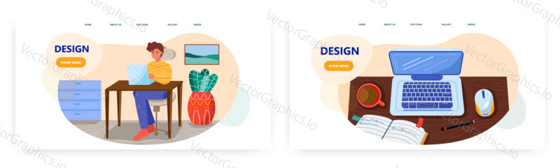 Man works with laptop in home office. Business concept illustration. Vector web site design template. Open laptop, coffee and notes on a desk. Office interior.