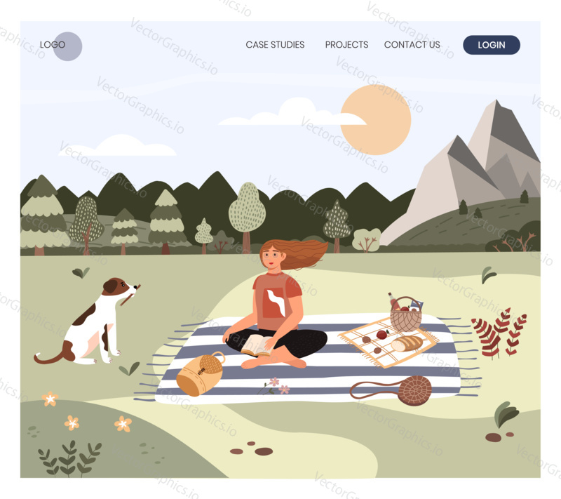 Žena sedí na dece a čtení knihy s horskou krajinou na pozadí. Letní venkovní piknik koncept ilustrace. Vektor web design šablony. Víkend a dovolená, venkovní cestování.