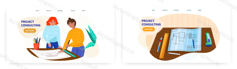 Ženský design a architekt tým diskutovat o projektu a kreslení plán. Architektura inženýrství a návrh koncepce ilustrace. Vektor web design šablony.
