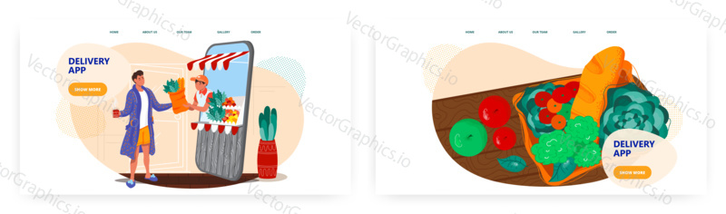 Man in pajamas orders food online by mobile phone app from home. Grocery and food delivery concept illustration. Vector web site design template. Grocery online store.