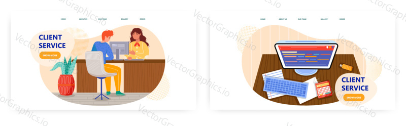 Bankovní pokladník a recepční zákaznického servisu. Žena za stolem mluvit s klientem. Kancelářský počítač na stole. Koncept ilustrace. Vektor web design šablony.