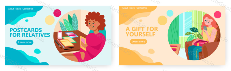 Šťastná žena otevřela dárkovou krabičku s novým telefonem. Dovolená současný koncept ilustrace. Vektor web design šablony. Žena dělá pohlednice sama.