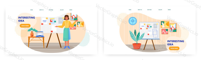 Obchodní prezentace s bílou deskou. Žena prezentovat své nápady v kanceláři. Obchodní seminář koncept ilustrace. Vektor web design šablony.