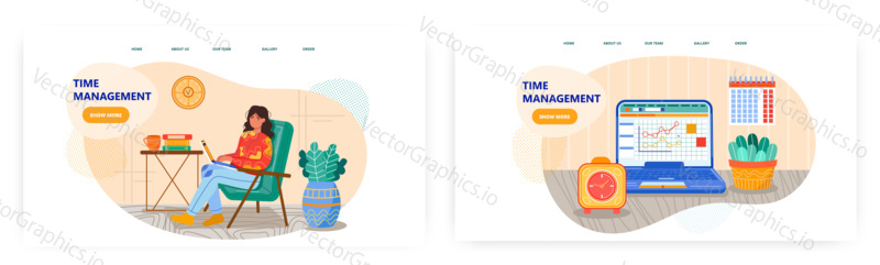 Woman sitting in chair and working with laptop from home. Laptop with financial charts and alarm clock on a desk. Home office and business concept illustration. Vector web site design template.