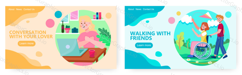 Online chodit s někým a vztah na dlouhé vzdálenosti. Žena mluví se svým přítelem notebookem. Láska a datum koncepce ilustrace. Vektor web design šablony. Dívka na invalidním vozíku se svým přítelem.