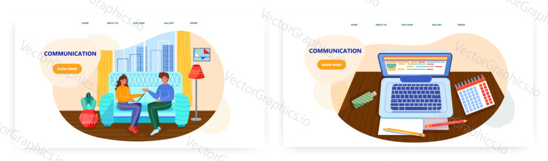 Woman with laptop and man sitting on a couch at home. Top view of open laptop. Business and home office concept illustration. Vector web site design template.