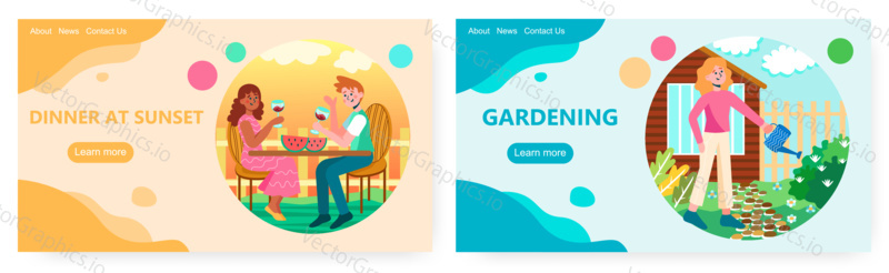 Pár s romantickou večeři a pití vína při západu slunce. Láska a datum koncepce ilustrace. Vektor web design šablony. Žena zalévání květin v zahradě před domem.