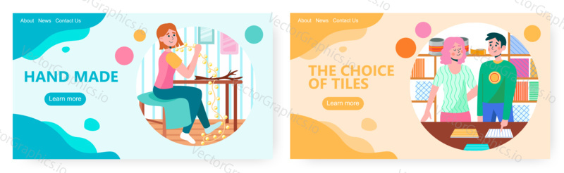 Man choose floor tiles for home. Woman handmade light garland for home holiday decoration. Concept illustration. Vector web site design template.