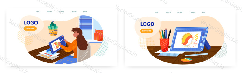 Female illustrator and graphic designer work from home using digital tablet. Graphic design software and technology concept illustration. Vector web site design template. Computer tablet on a desk.
