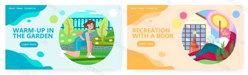 Žena se připravuje na běh v parku. Venkovní sport a cvičení koncept ilustrace. Vektor web design šablony. Žena čtení knihy v zahradě před domem. Letní hobby.