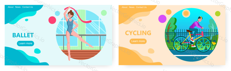 Baletní tanečnice cvičení ve studiu. Baletní tanec a Cyklistika Sport vektor koncepce ilustrace. Balerína nebo gymnastka se stuhou. Muž jezdí na kole v parku. Šablona návrhu webových stránek.