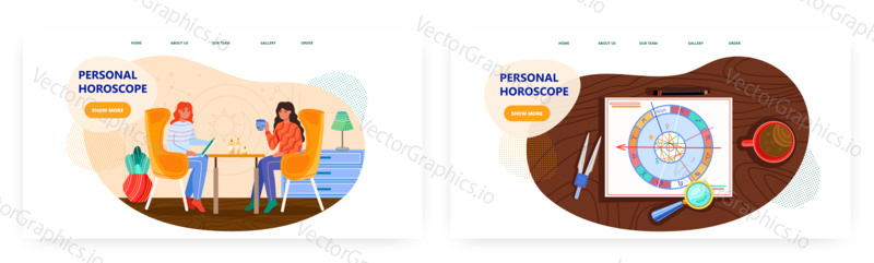 Žena čte znamení zvěrokruhu a vytvořit osobní horoskop pro zákazníka. Horoskop čtení a astrologie vektor koncept ilustrace. Zodiac symboly kolo. Šablona návrhu webových stránek.
