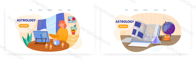 Žena položila ruku na křišťálovou kouli a čte mystickou knihu. Astrologie a znamení zvěrokruhu vektor koncept ilustrace. Kniha se symboly souhvězdí a zvěrokruhu. Šablona návrhu webových stránek.