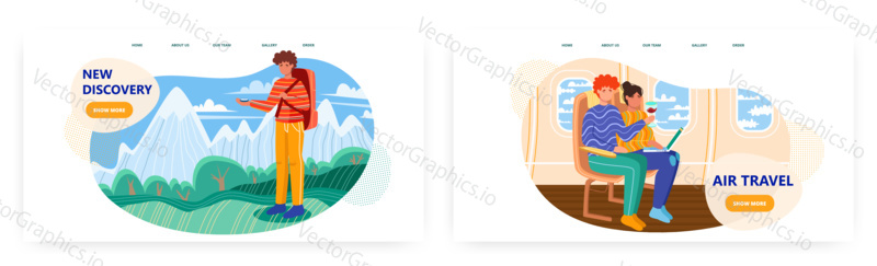 Muž pomocí kompasu při pěší turistice v horách. Dobrodružství cestování a prozkoumat vektorový koncept ilustrace. Pár v letadle pracuje s notebookem a pije víno. Webové stránky design šablony pro leteckou dopravu.