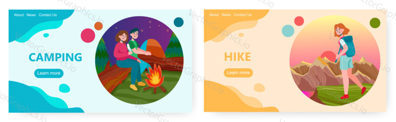 Pár sedí vedle táboráku v lese. Výlet a venkovní sportovní aktivity vektor koncept ilustrace. Dívka Turistika s batohem na horách. Šablona návrhu webových stránek.