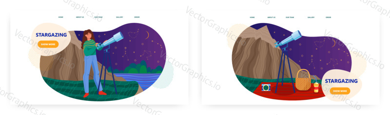 Girl watching stars in night sky using telescope. Stargazing and astronomy vector concept illustration. Picnic with starry night sky and telescope. Web site design template.