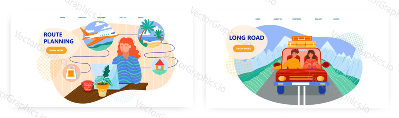 Pár v autě jít na výlet. Cestovní plánování vektorové koncepce ilustrace. Žena sní o dovolené a plánovat svou dovolenou trasu. Webové stránky design šablony pro letní cestování.