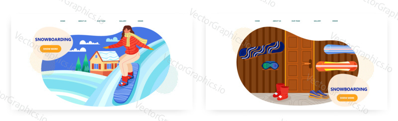 Girl on snowboard enjoys her winter holiday on mountain ski resort. Winter sport vector concept illustration. Snowboard equipment and store. Web site design template.