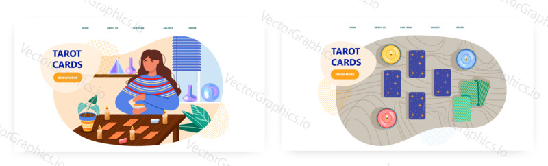 Woman fortun teller reading tarot cards and predict future. Esoteric and divination vector concept illustration. Web site design template. Occult session, tarot cards on a table.