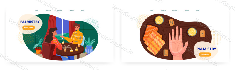 Fortune teller reading palm and tarot cards. Palmistry, occult and chiromancy vector concept illustration. Occult session with pentagram symbol and candles in a table. Web site design template.