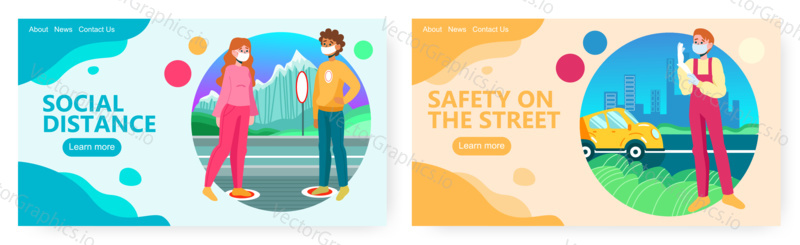 Man and woman wear protective face mask and keep social distance. Coronavirus covid-19 vector concept illustration. Passenger protects himself before take taxi. Web site design template.