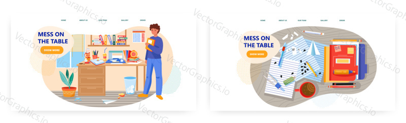 Messy office desk vector concept illustration. Man looks at the mess on his table. Student in untidy and dirty room.