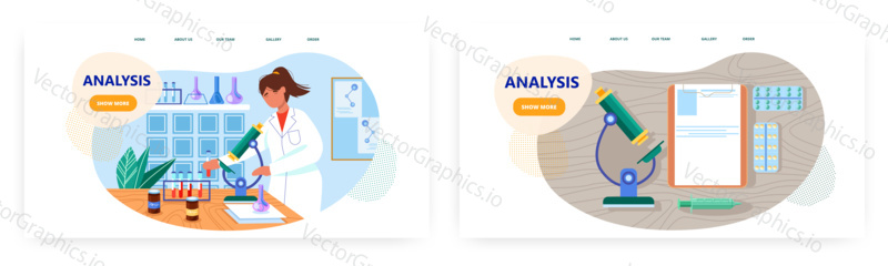 Female scientist analyzing blood in lab microscope. Vector flat illustration. Scientific research, laboratory experiment, science and education. Woman student in medical lab.