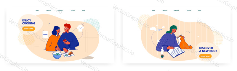 Happy couple cooking together at home. Home lifestyle vector illustration. Young woman read a book and pet the dog.