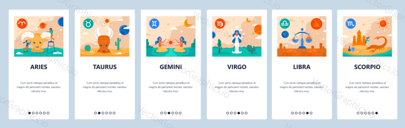 Horoscope signs vector set. Mobile app user interface with colorful icons. Zodiac symbols, aries, taurus, gemini, virgo, libra, scorpio. Astrology and horoscope calendar symbols.