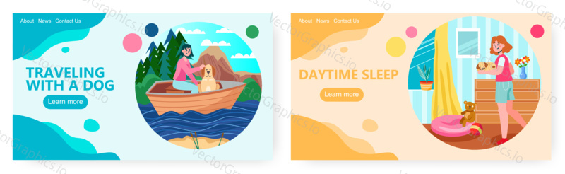 Girl brings sleeping dog to her bed. Home pet concept vector illustration. Woman travels by boat with her puppy dog.
