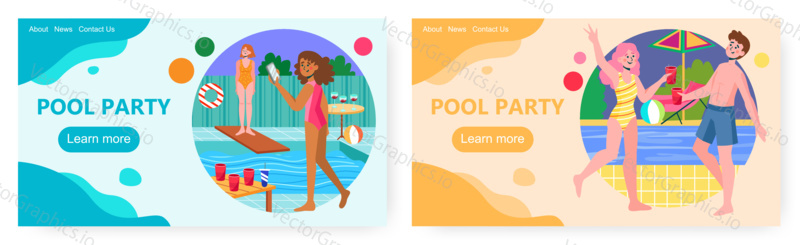 Summer pool party vector concept illustration. People enjoy vacation and drink beer by swimming pool. Young woman and man dance and swim.