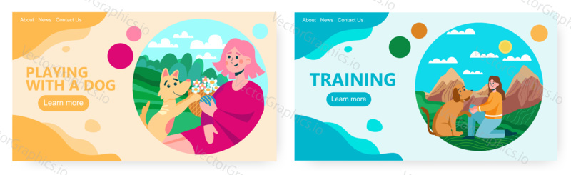 Dog brings flowers to her owner. Woman walks with dog vector illustration. Nature outdoor walk with pet.