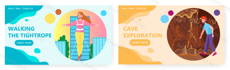 Woman walk on a tightrope. Cave explorer speleologist. Extreme sport and speleology vector concept illustration. Rope walker keep balance. Web site design template.