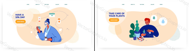 Woman applies facial care mask and cosmetic cream. Home lifestyle vector illustration. Man spray water to his house plants. Skin treatment.