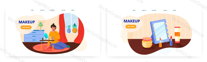 Beautiful woman doing makeup at home concept vector illustration. Table with a mirror for make up. Red lipstick, makeup accessories, cosmetic products.