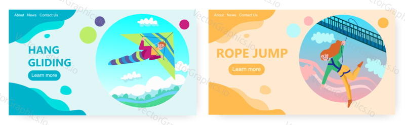 Hing glider fly in the sky. Woman bungee jump from a bridge. Extreme sport vector concept illustration. Delta gliding, bungy jumping, risk. Web site design template.