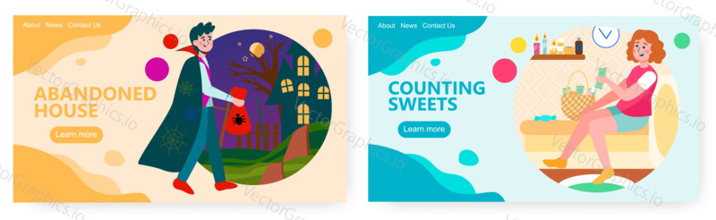 Halloween holiday party vector concept illustration. Man in halloween costume walk pass scary castle at night. Girl count sweets and money after trick or treat game. Web site design template.