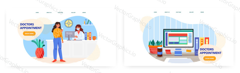 Woman gets a doctor appointment at the hospital reception. Concept vector illustration. Patient in the clinic talks to nurse in a mask. Desk with office computer.