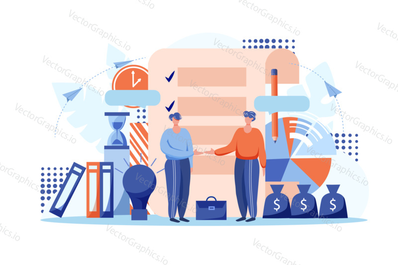 Business deal concept. Two businessmen conclude agreement and shake hands. Office environment. Vector web site design template. Landing page website concept illustration.