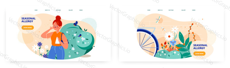 Seasonal allergy landing page design, website banner template set, flat vector illustration. Woman having pollen allergy symptoms such as sneezing, runny nose.